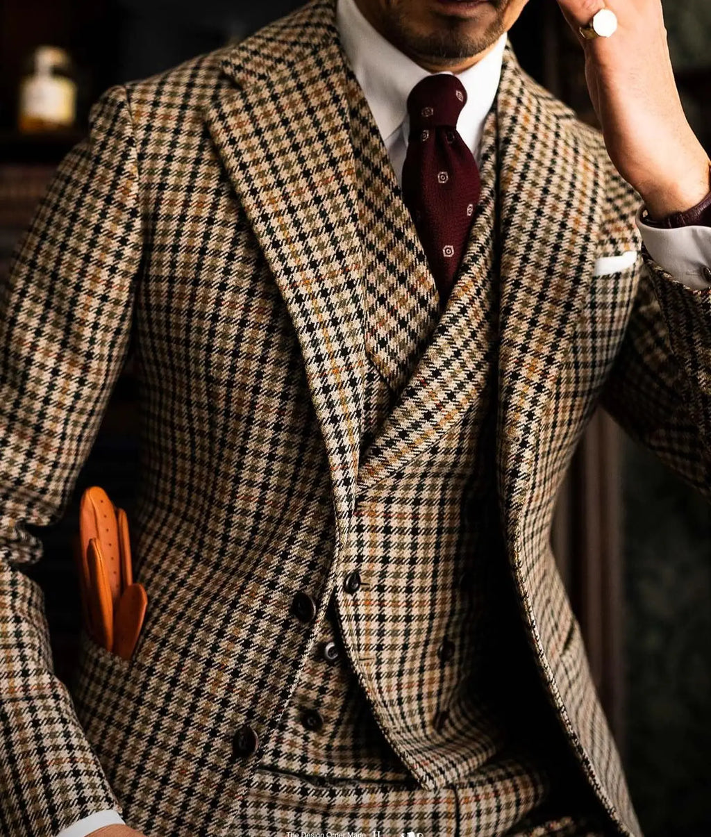 Burgundy Black Green 3 Color Small Square Thousand Bird Man‘s Suit Set Outfit Notch Lapel Blazer Trousers 3pcs Jacket Pants Vest