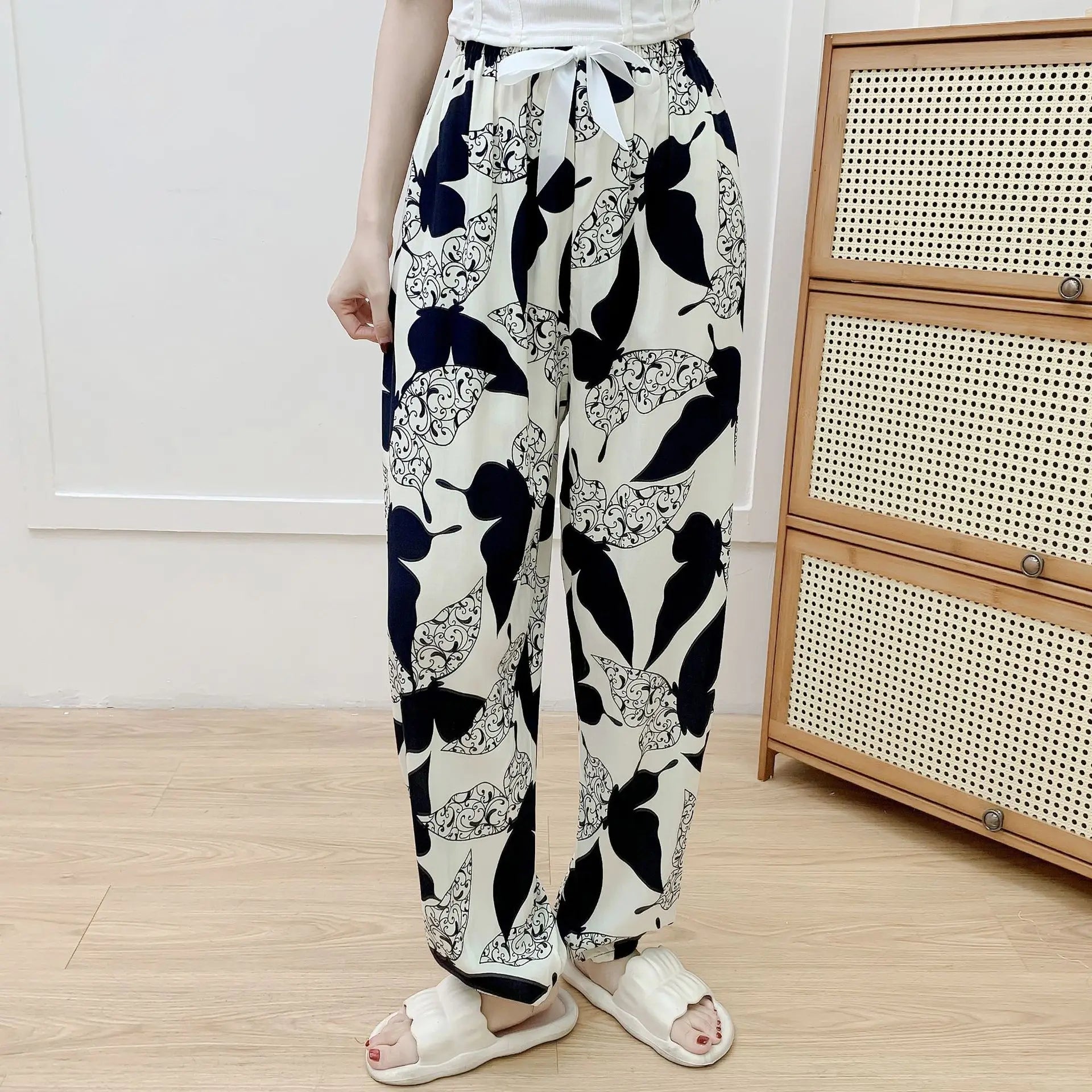 New Korean Style Pants Summer Cropped Trousers Women's Flower Home Clothes Loose Wide Leg Pants Casual Beach Outfits Sweatpants