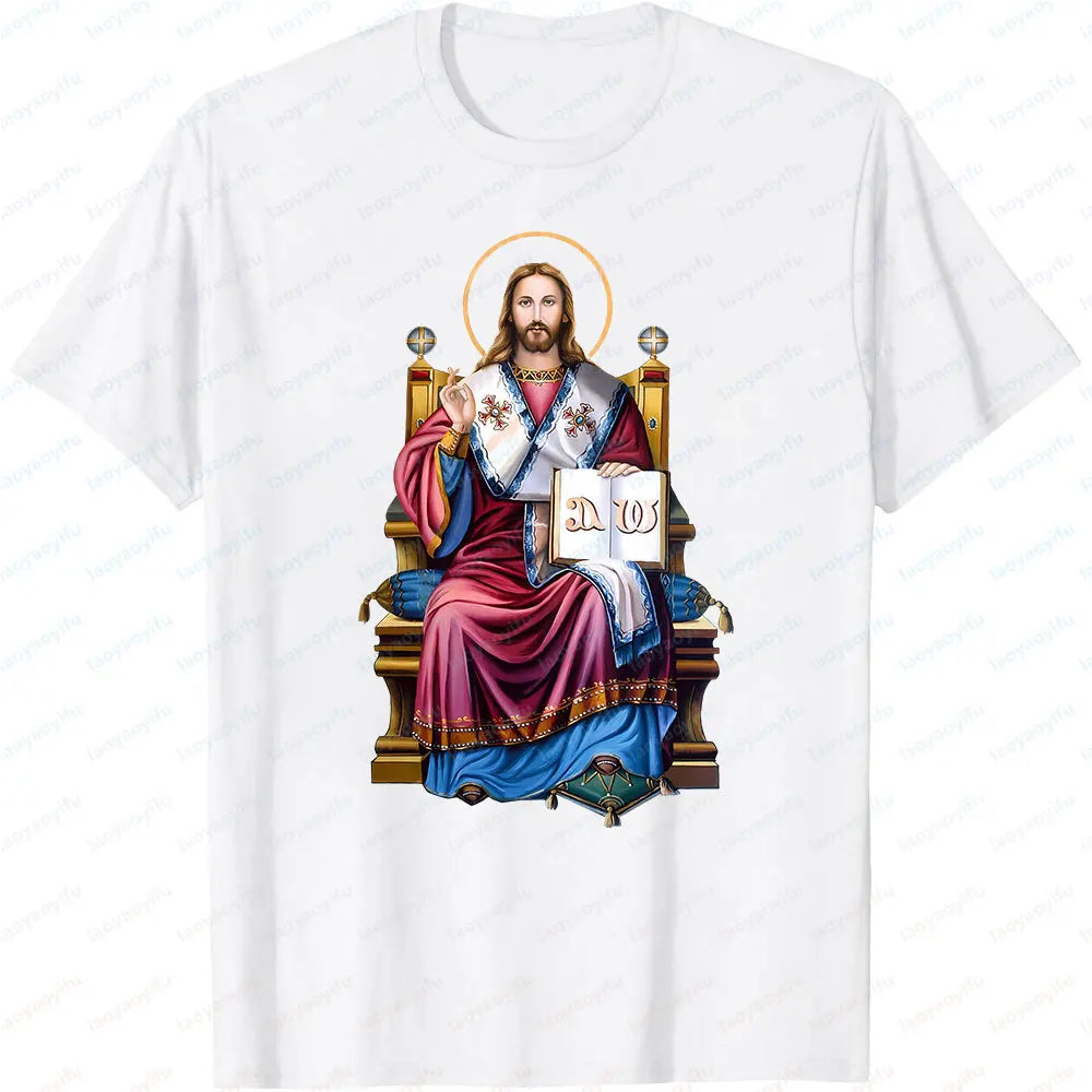 Jesus Christ Pantocrator Icon Sinai Orthodox Christian Man Gift Printed T-Shirt Summer Women Short Sleeve Cotton Unisex T Shirt