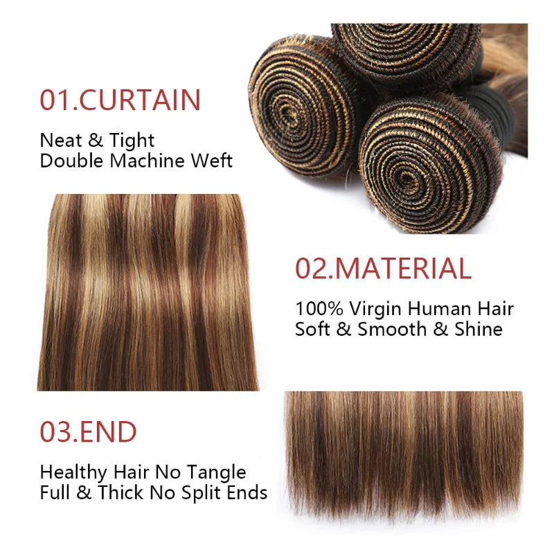 P4/27 Straight Human Hair Bundles Ombre 3 bundles Brazilian Highlight Straight Hair Weave Honey Blonde Bundles 100g/Bundle