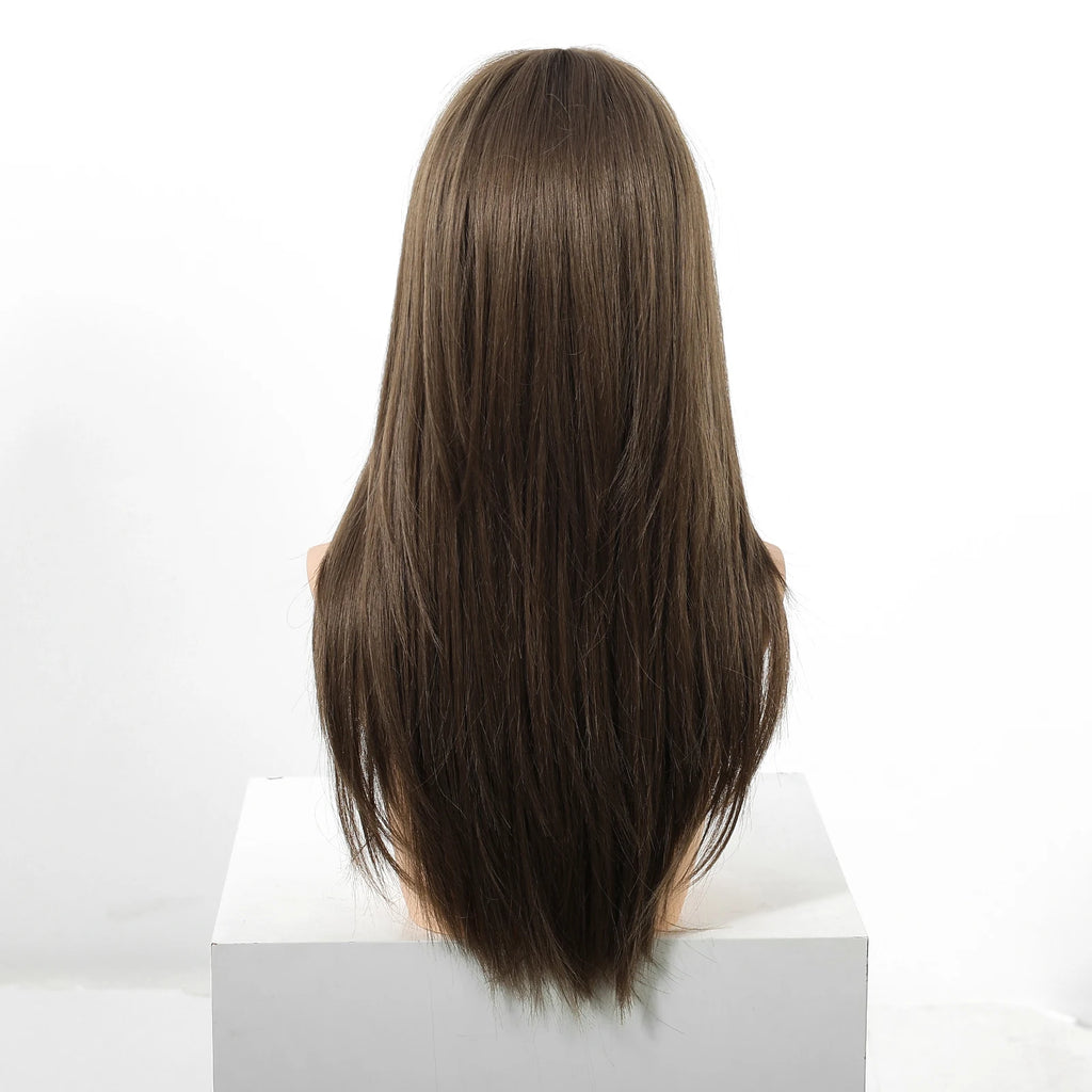 EASIHAIR Brown Straight Layered Wigs for Women Long Natural Hair Synthetic Wigs With Bangs Daily Use Party Heat Resistant Wigs
