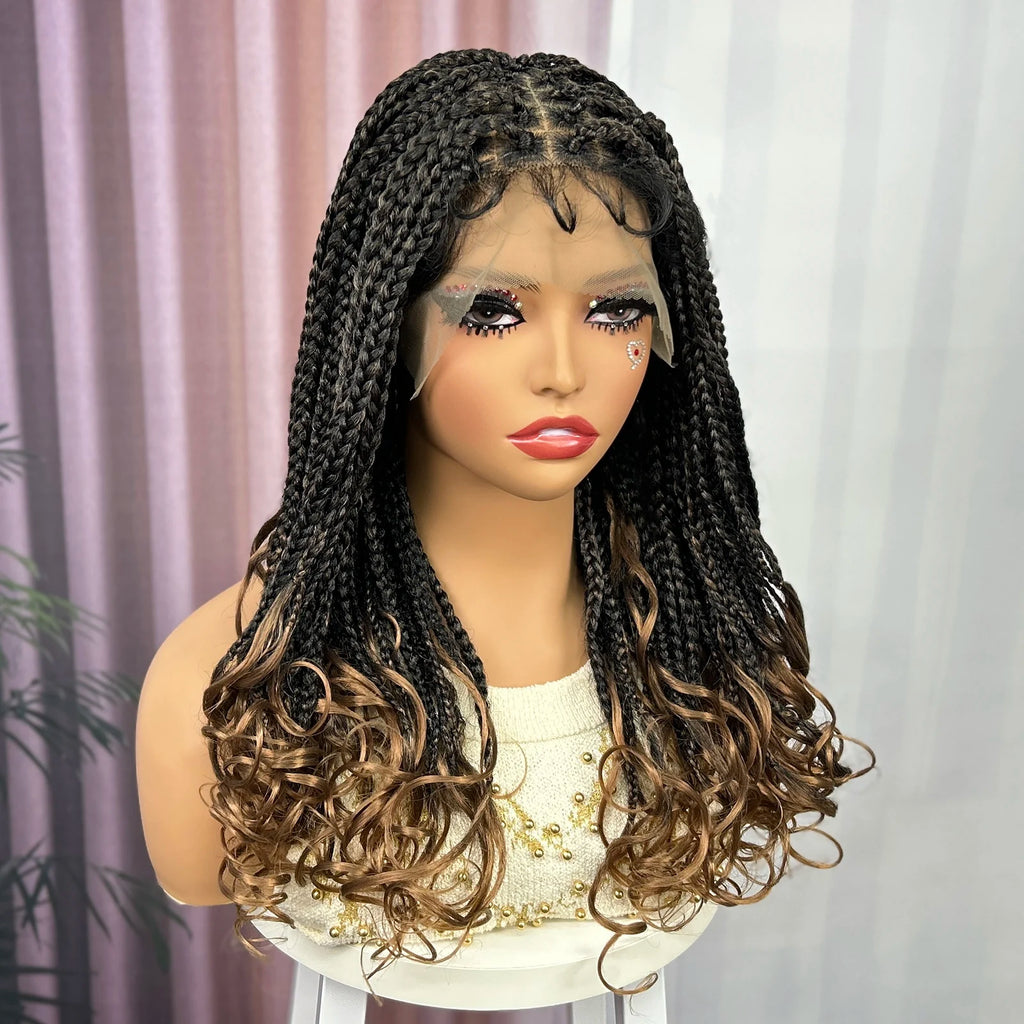 Ombre Synthetic Lace Front Square Knotless Box Braided Wig with Wavy Ends Lace Frontal Braids Wig with Baby Hair for Black Women