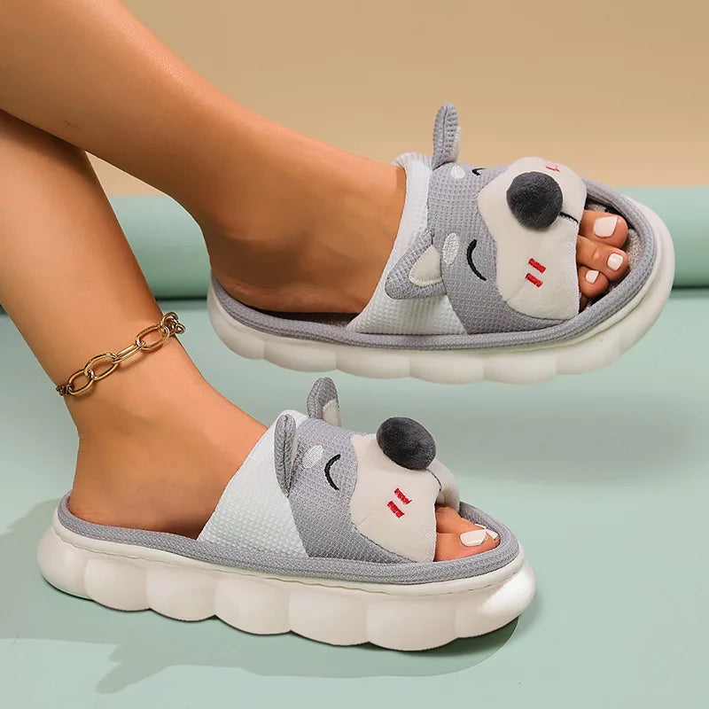 Gacimy Women's Cartoon Linen Slippers Comfortable Soft Thick Sole Indoor House Slippers Summer New Breathable Cute Linen Slides