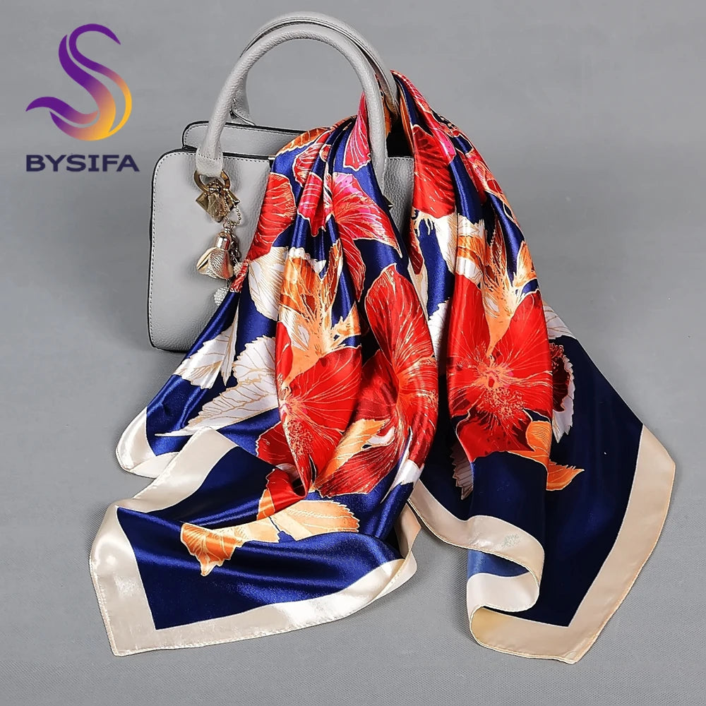 BYSIFA| Blue Pink Silk Women Scarf Spring Fashion Chinese Style Elegant Square Scarves Shawls Fouldard Fall Winter Scarves Wraps