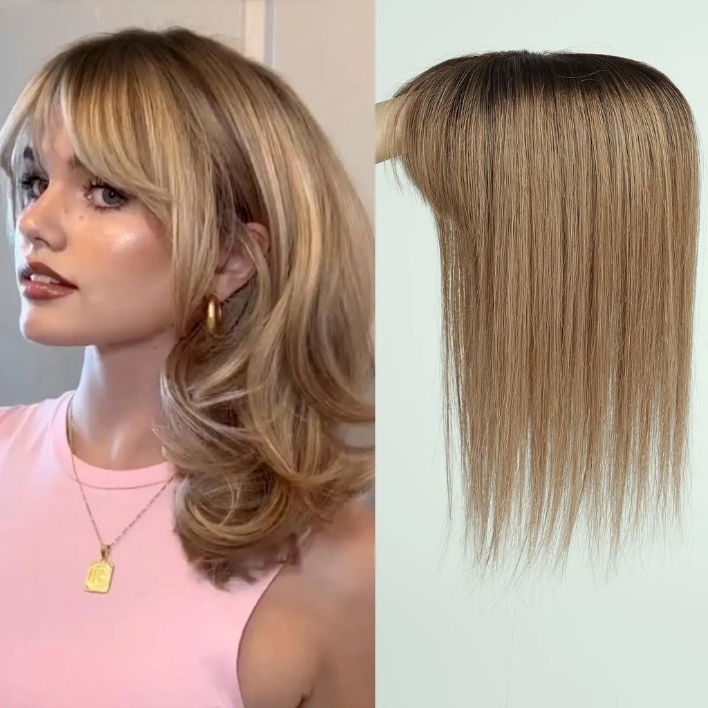Ombre Brown Real Human Hair Toppers Wigs with Bangs Silk Base Clip Pieces 14inch Straight Topper Hairs for Women Hair Extension