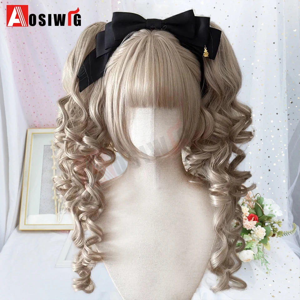 AOSI Synthetic Long Curly Wig Double Ponytail Cute Lolita Women Wigs Halloween Cosplay Style Blonde Brown Party Wig