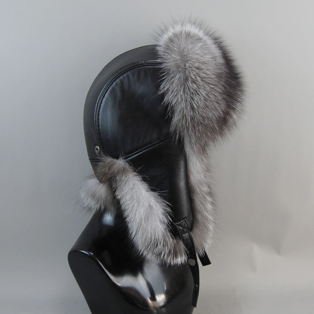 2026 Unisex Outdoor Windproof Winter Natural Real Fox Fur Bombers Hats Women Raccoon Fur Cap Luxury Real Sheepskin Leather Hat