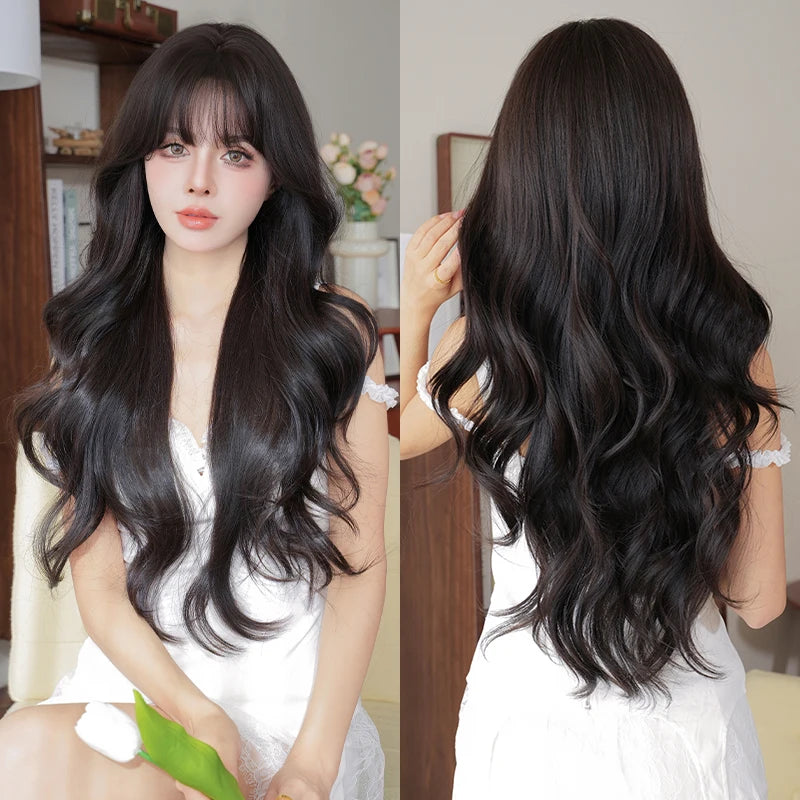 7JHH WIGS Body Wavy Wig Long Loose Curly Brown Wig for Women Daily Use High Density Synthetic Layered Hair Wigs with Bangs