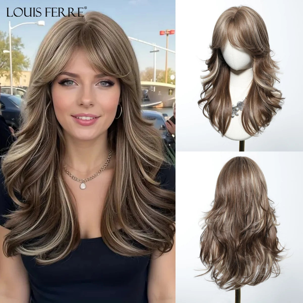 LOUIS FERRE Brown Blonde Highlights Wigs For Women Daily Long Wavy Curly Synthetic Wigs Natural Heat Resistant Hair With Bangs