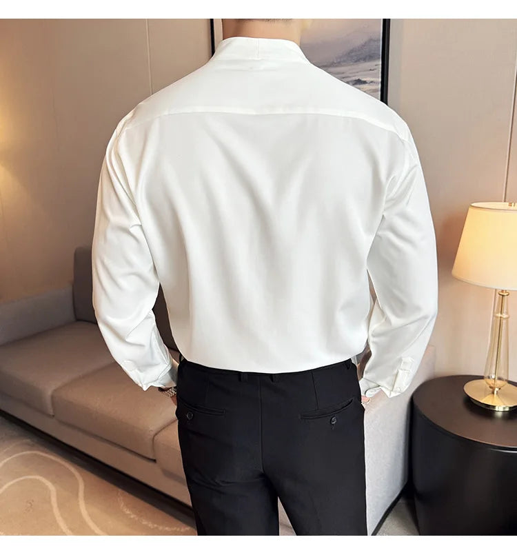 High Quality Collarless Shirts Men Fashion Slim Fit Long Sleeve Casual Shirts Business Office Social Formal Shirt Men Clothig