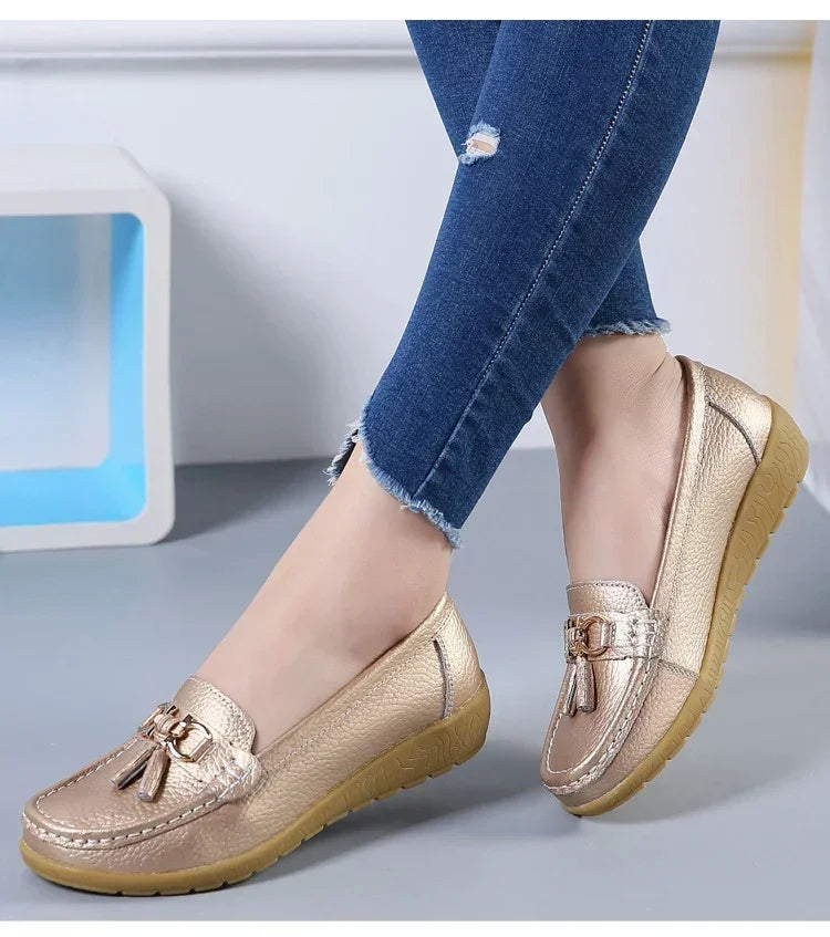 Spring Summer Breathable Casual Loafers For Women Platform Leather Comfort Wedge Moccasins Ladies Vulcanized Sneakers 44