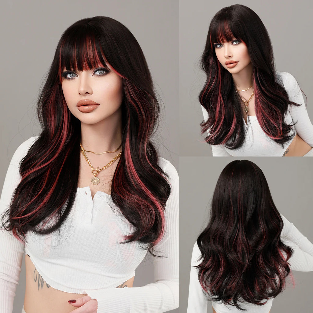 NAMM Long Wavy Ombre Black To Red Wig for Women Daily Cosplay Party Synthetic Lavender Hair Wig with Fluffy Bangs Heat Resistant