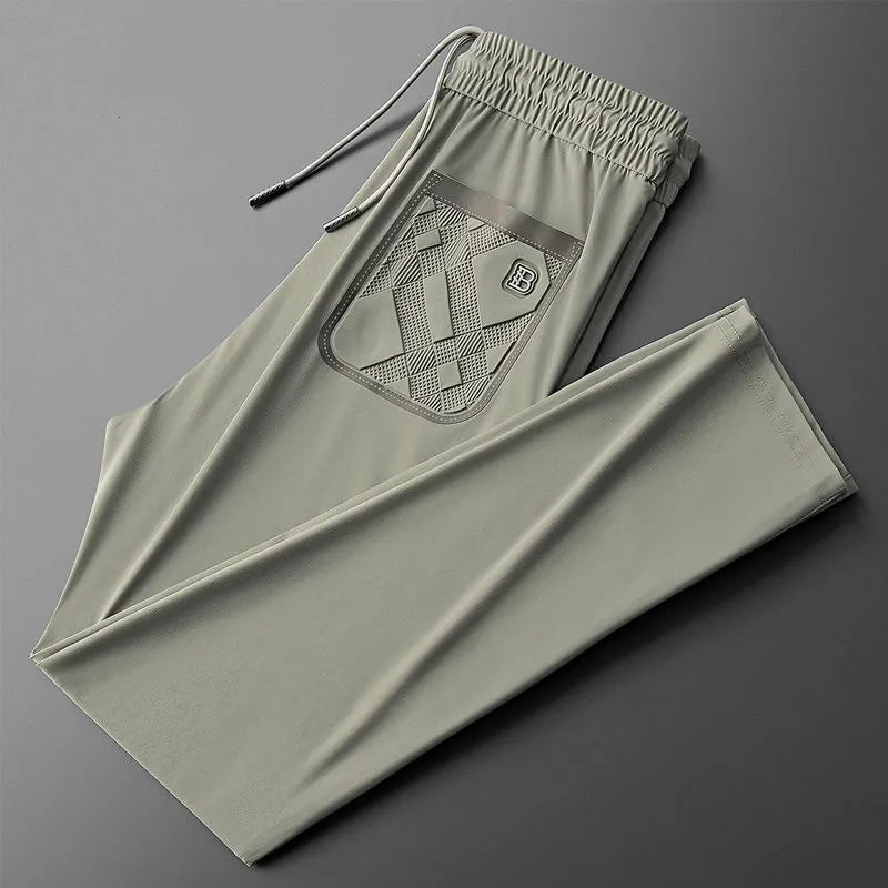 High end brand men's fashionable embroidered casual pants 2024 summer new cool silk breathable luxury solid color sports pants