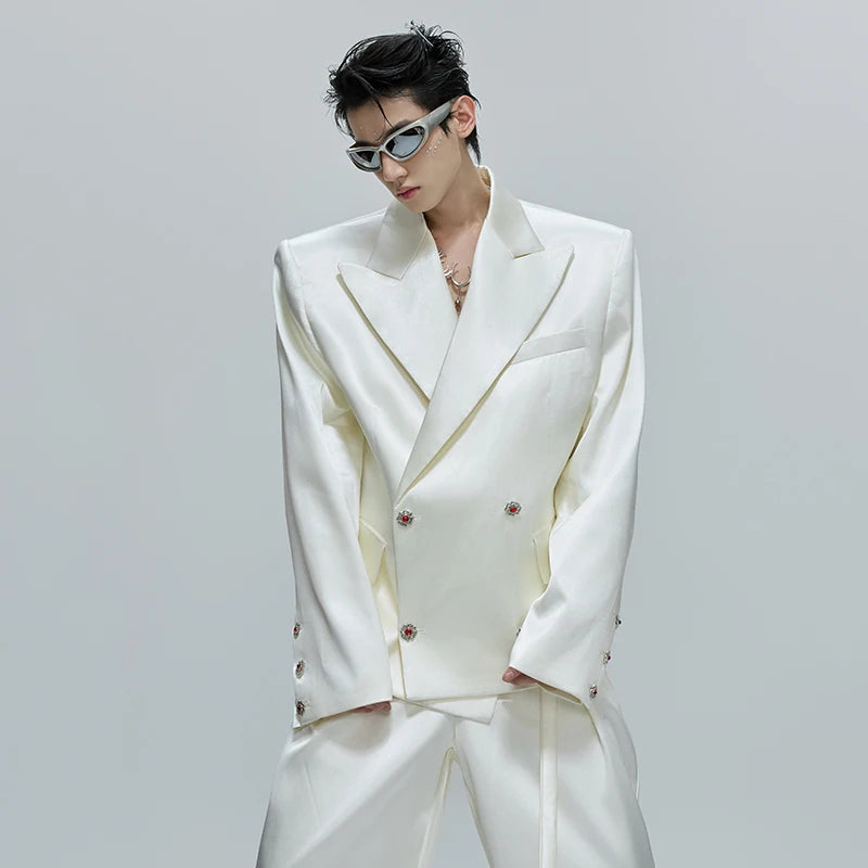 FEWQ Niche Design Men's Suit Sets Lapel Double Breatsed Silhouette Glossy Blazers Wide Leg Belt Chc Button Male Trousers 24K6098