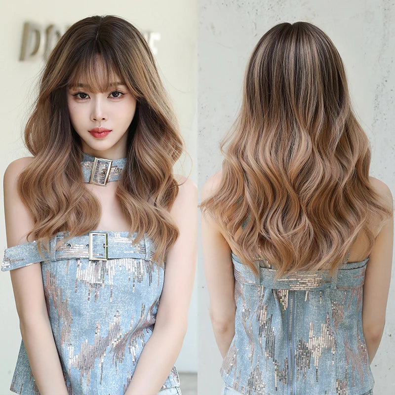 7JHH WIGS Body Wavy Wig Long Loose Curly Brown Wig for Women Daily Use High Density Synthetic Layered Hair Wigs with Bangs