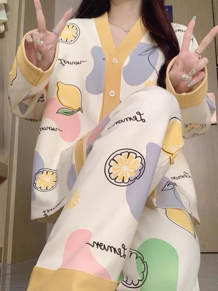 Y2k Women's 100% POLYESTER Pajamas with Cartoon Print Korean Fresh Ins Style Harajuku Lounges 2pcs 2024 New Spring/fall Homewear