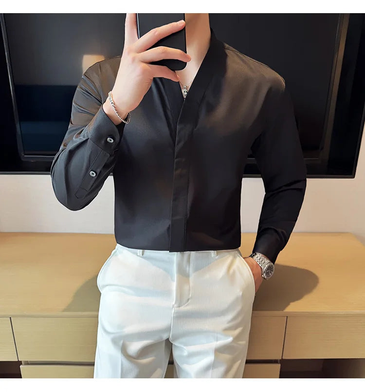 High Quality Collarless Shirts Men Fashion Slim Fit Long Sleeve Casual Shirts Business Office Social Formal Shirt Men Clothig