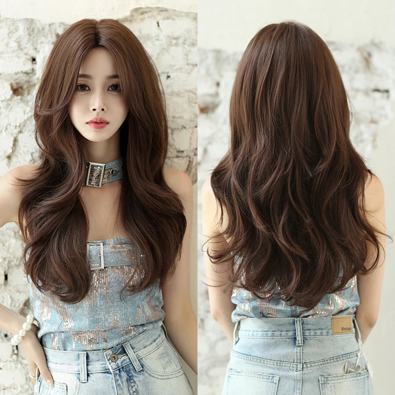 7JHH WIGS Body Wavy Wig Long Loose Curly Brown Wig for Women Daily Use High Density Synthetic Layered Hair Wigs with Bangs