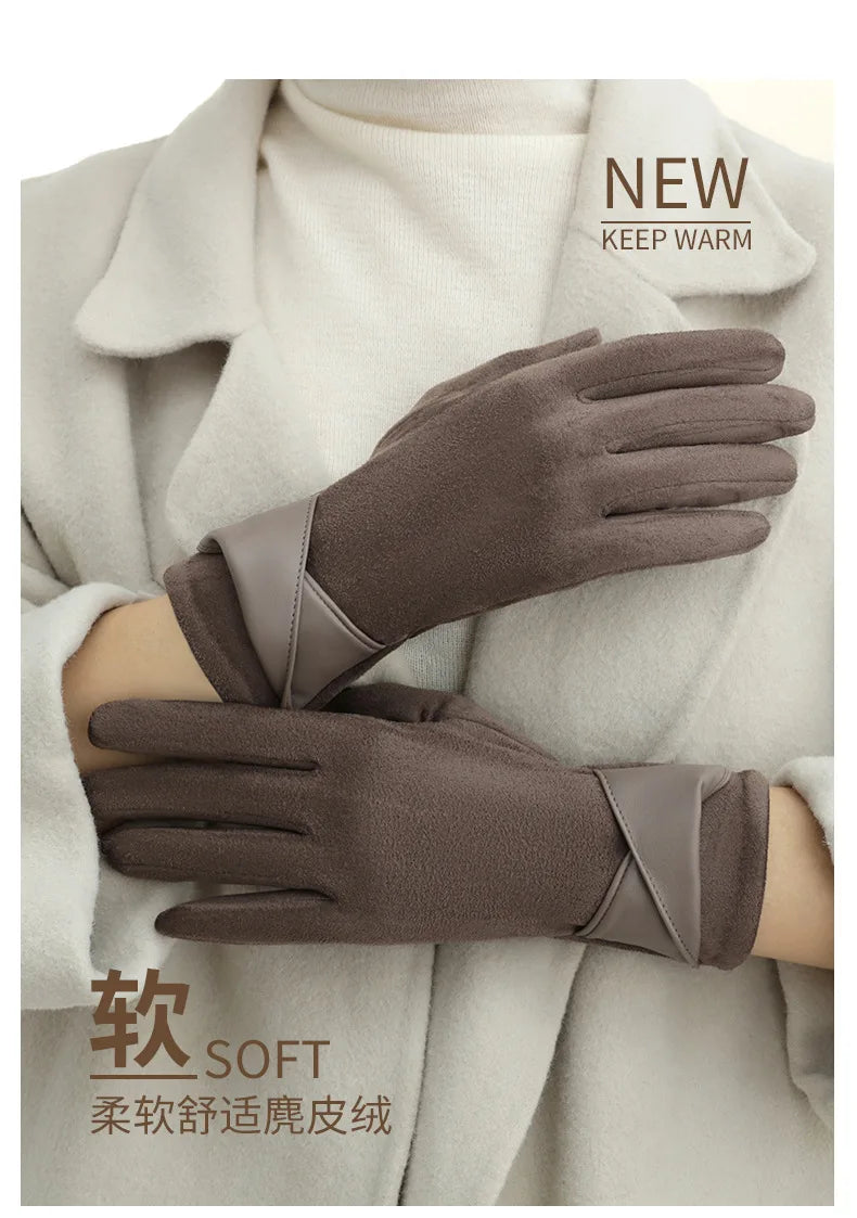 New Suede Gloves for Women Winter Plus Velvet Warm Commercial Style Temperament Bow Touch Screen Riding Driving
