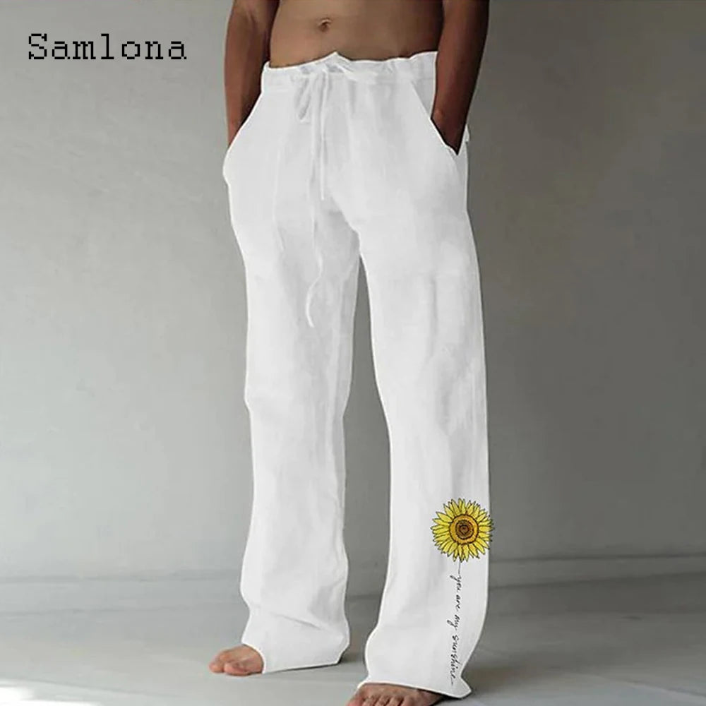 Samlona 2025 Men's Pocket Design Linen Pants Drawstring Loose Trouser Plus Size 3xl Mens Fashion Birds Feather Print Sweatpants