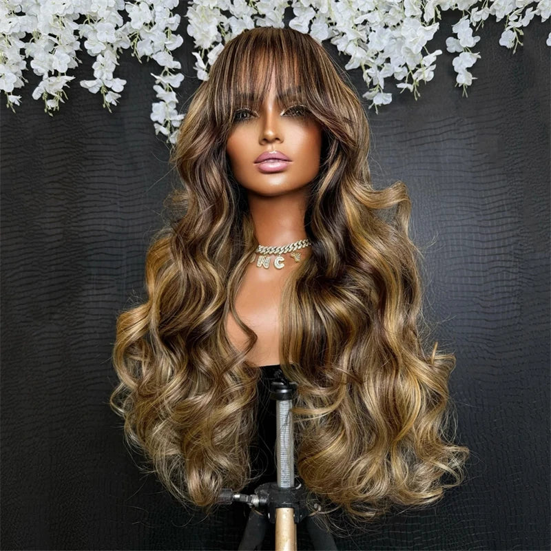 Ash Brown Mixed with Dirty Blonde Wig Natural Women"s Hairs Synthetic Lace Front Wigs with Bangs Long Glueless Wig Fringe Sale