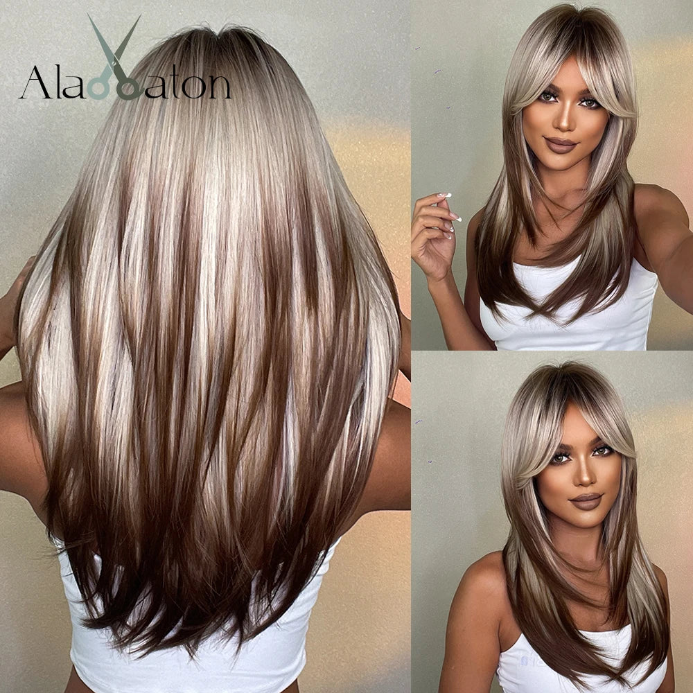 ALAN EATON Long Straight Layered Synthetic Wigs with Bangs Blonde Highlights on Brown Wigs for Black Women Afro Daily Party Hair