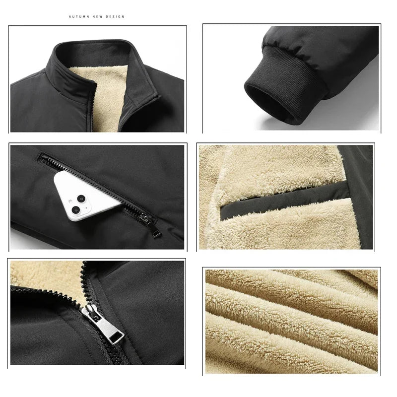 BROWON Winter Clothes Men Jacket Business Casual Solid Thick Fleece Jacket for Men Stand Collar Oversized 8xl Outerwear Coats