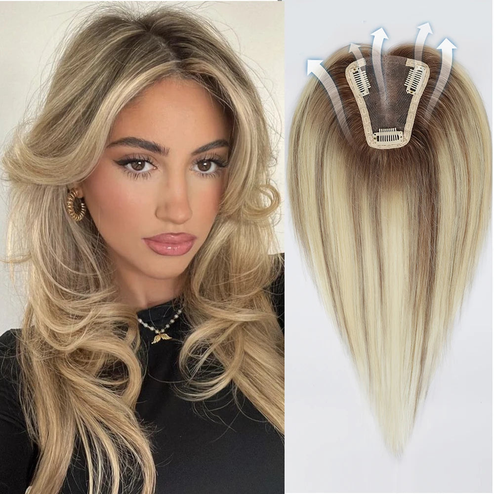 Chocolate Brown Remy Human Hair Toppers 12inches Straight Topper Lace Base Clips in Hair Human Hair Pieces Extensions for Women