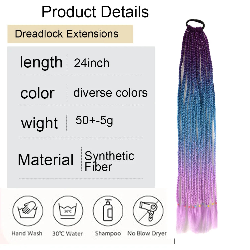 24inch Rubber Band Crochet Mixed Box Braids Plaited Ponytail Synthetic Gradient Dirty Braided Ponytail Hair Extensions for Kids