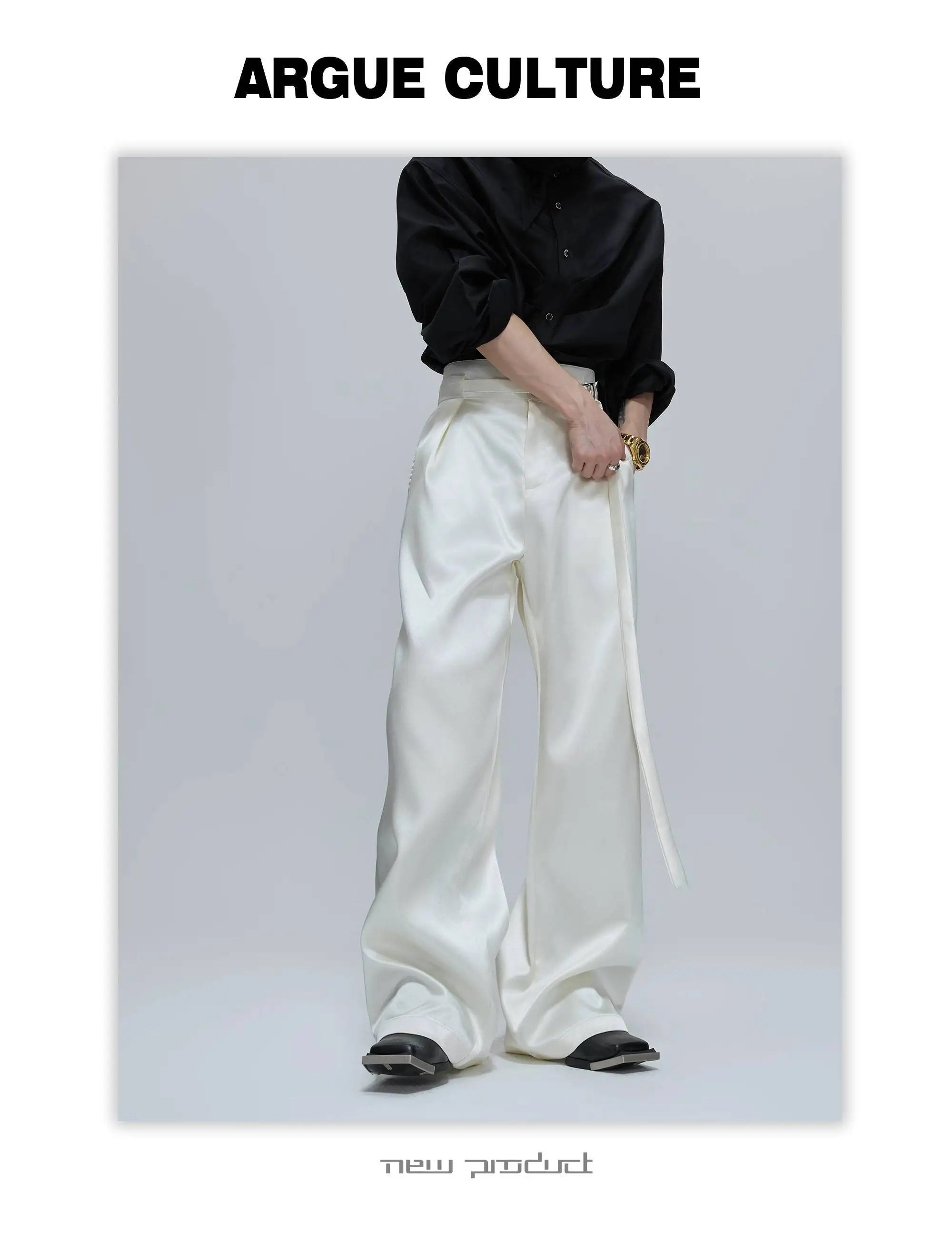 FEWQ Niche Design Men's Suit Sets Lapel Double Breatsed Silhouette Glossy Blazers Wide Leg Belt Chc Button Male Trousers 24K6098