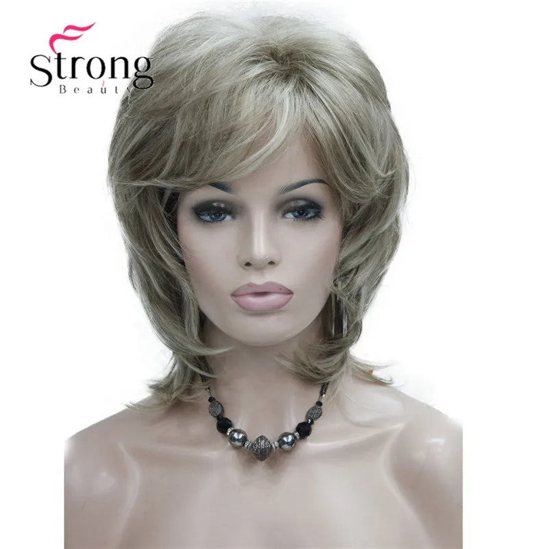 StrongBeauty Short Layered Brown with Blonde Highlighted Classic Cap Full Synthetic Wig Women's Hair Wigs for Women
