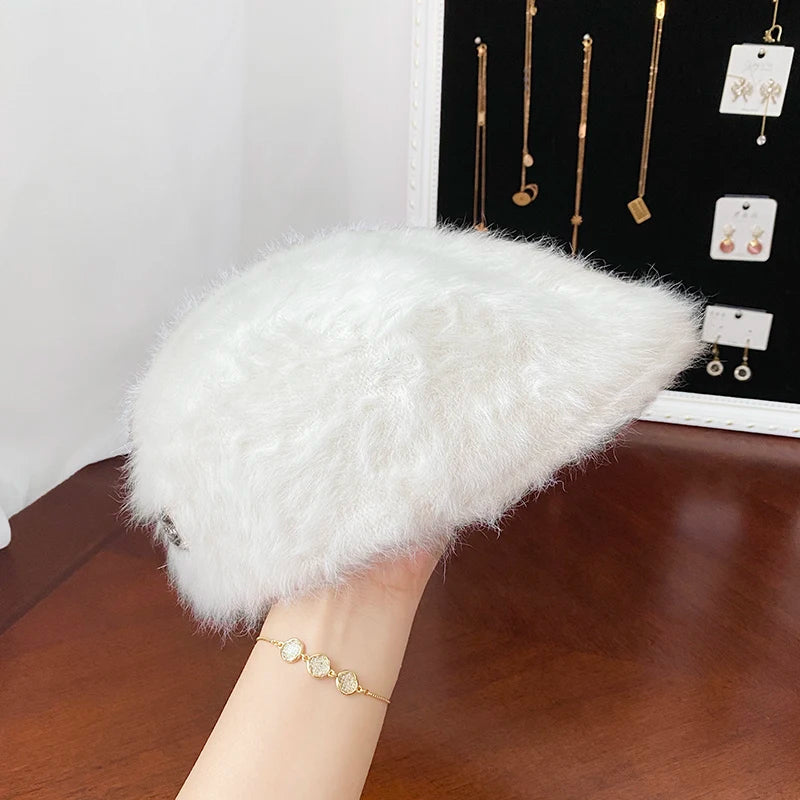 Rabbit Fur Beret Women's Autumn And Winter Korean Version Fashionable Versatile Iron Logo Reverse Wearing Plush Forward Hat