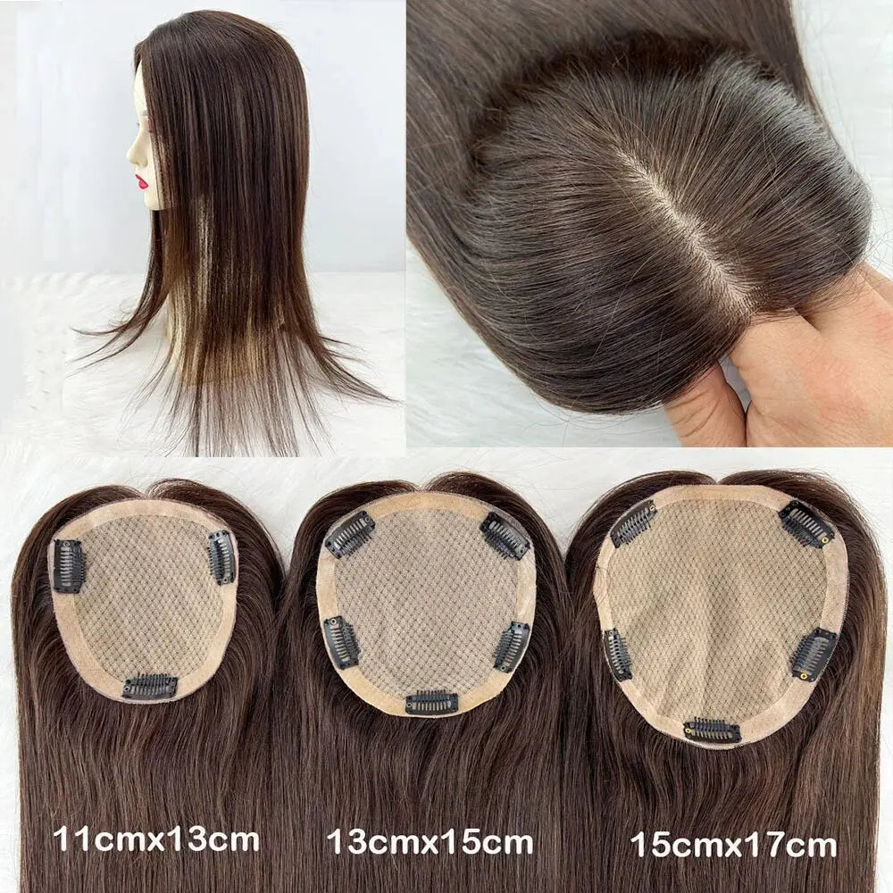 11x13cm Dark Brown Human Hair Topper Silk Base Hand Tied Silk Top Toupee Breathable Remy Hair Piece with Clips in for Women