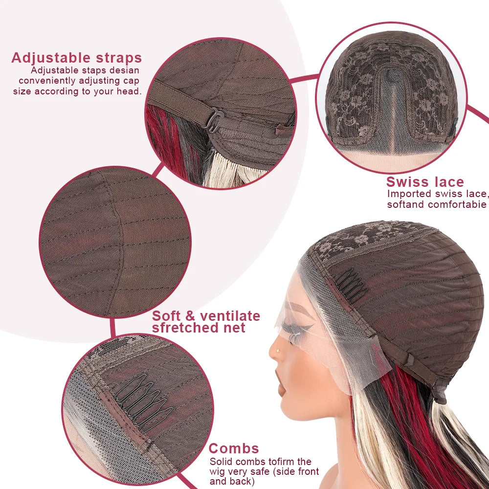 Black With Red Highlight Wig Synthetic Lace Front Wig 13X4 Pre plucked Hairline With BabyHairWomen's Wig with Density Lace Front