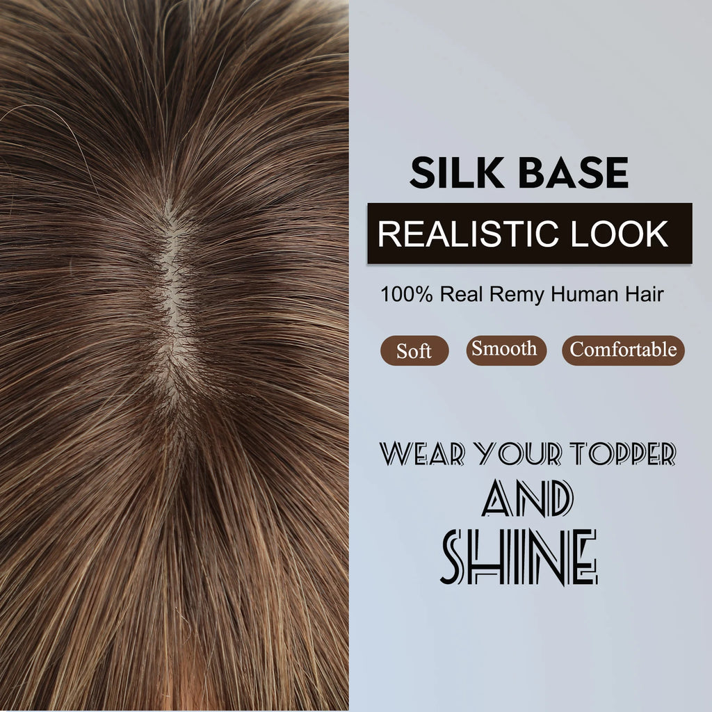 Ombre Brown Real Human Hair Toppers Wigs with Bangs Silk Base Clip Pieces 14inch Straight Topper Hairs for Women Hair Extension