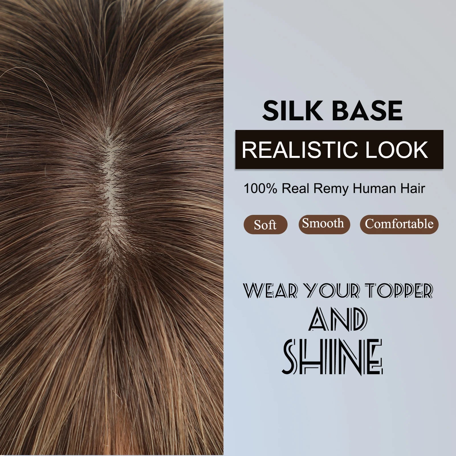 Ombre Brown Real Human Hair Toppers Wigs with Bangs Silk Base Clip Pieces 14inch Straight Topper Hairs for Women Hair Extension