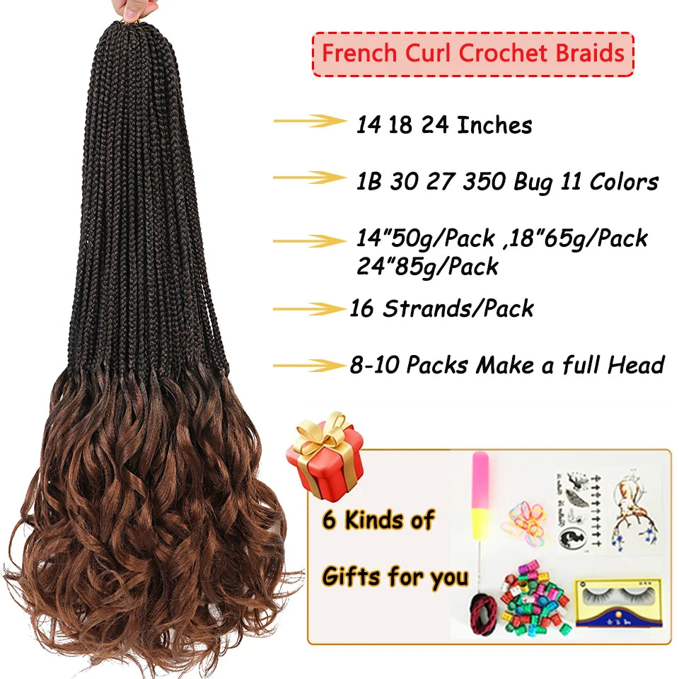 24 18 14 Inches French Curly Crochet Braids New Goddess Box Braids Bouncy French Curl Braid Hair Crochet Synthetic Braiding Hair