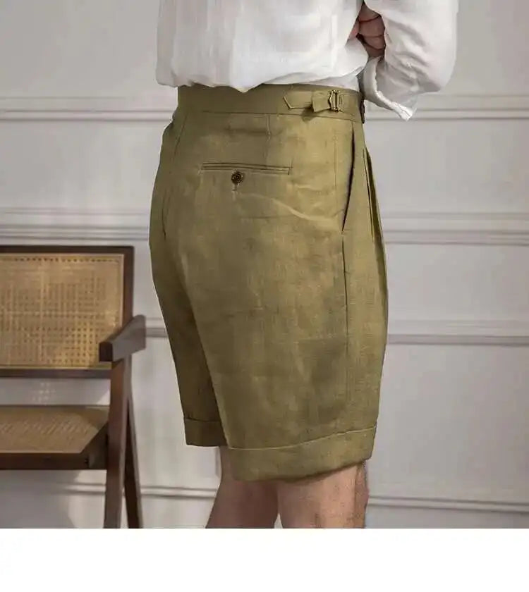 100% Linen Summer Straight Naples Shorts Men Solid Color Business Dress Pants Office Social Casual Slim Fit Shorts