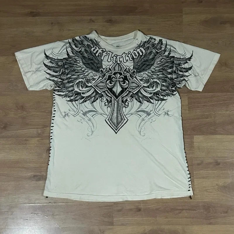2000s Affliction Style Streetwear Tee Gothic Skull Cross Print Trendy Graphic T-shirts
