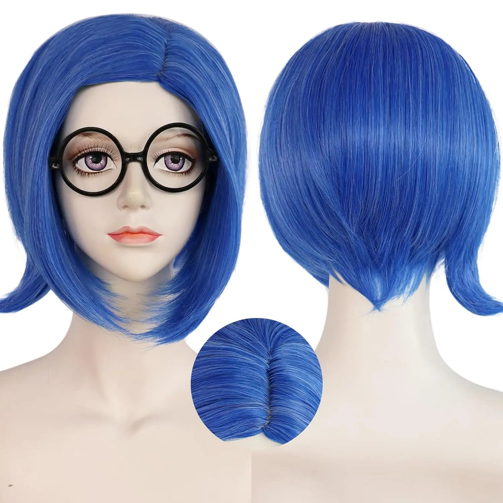Synthetic Blue Sadness Wig【+Wig Cap+Glasses】Short Blue Bob Wigs Cosplay Wig Women Straight Blue Wig Costume Outfit Halloween