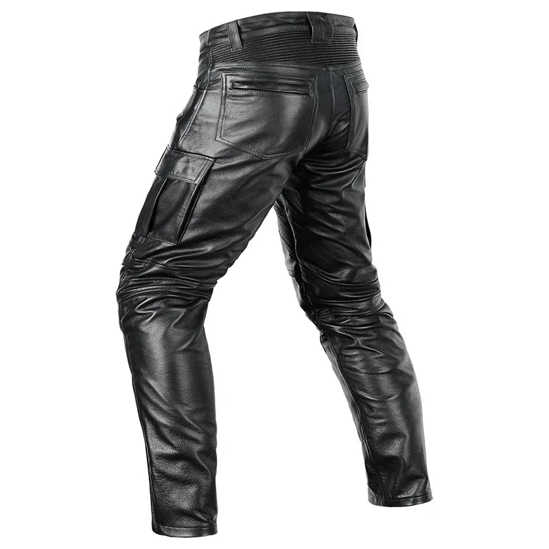 Men's Autumn Winter Punk Slim Casual Long Trousers Retro Leather Motorcycle Street Pants Windproof Warm Cowhide Pencil Pant Male