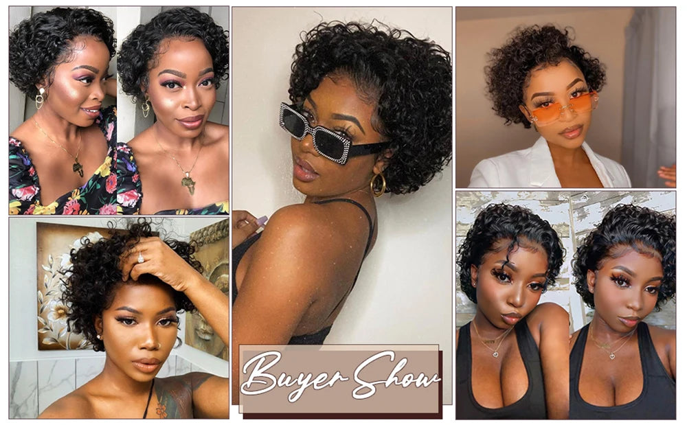 Curly Human Hair Wig Short Bob Pixie Cut Wig Human Hair For Women Brazilian Water Wave 13x1 Transparent Lace Wig