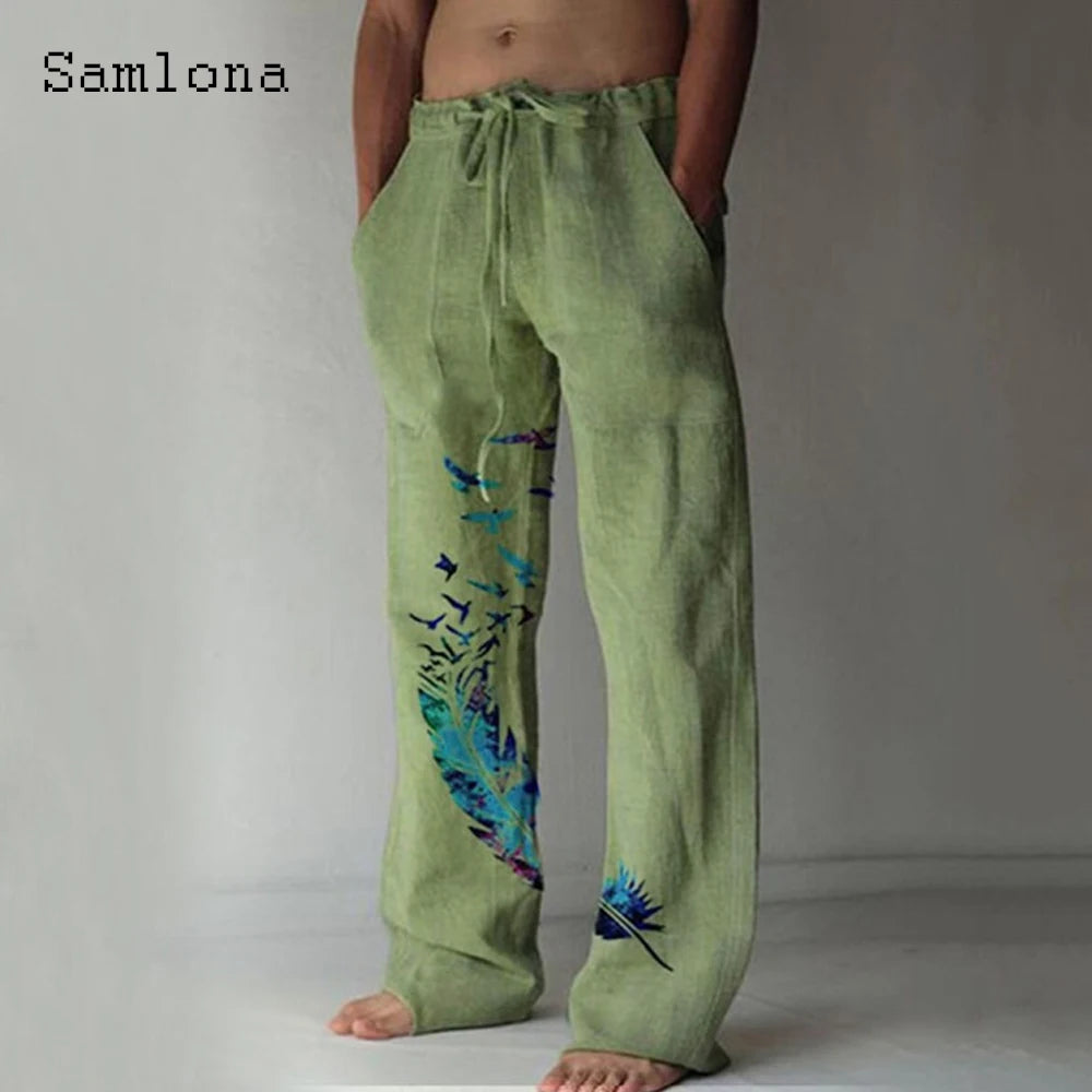 Samlona 2025 Men's Pocket Design Linen Pants Drawstring Loose Trouser Plus Size 3xl Mens Fashion Birds Feather Print Sweatpants