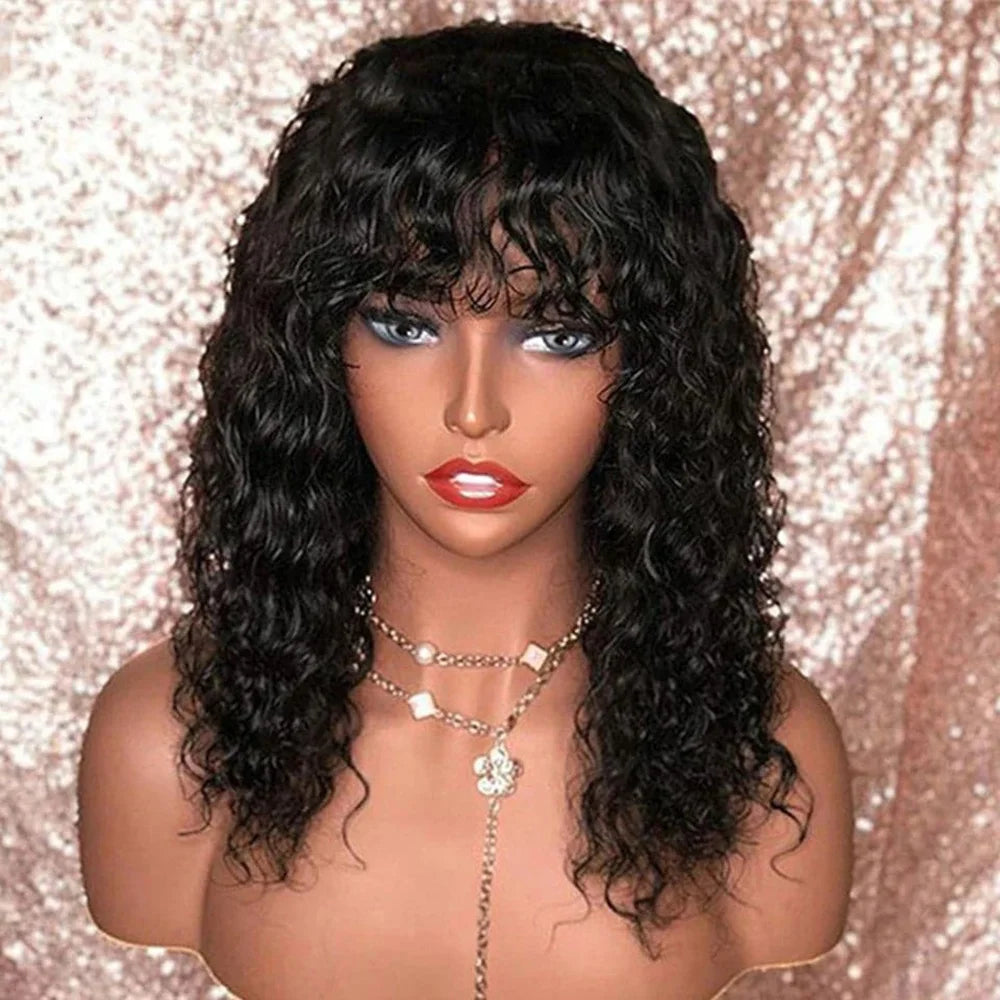 Curly Bob Wig With Bangs Short Bob Curly Wig for Women Natural Color Brazilian Human Hair Deep Wave Bob Wig With Bangs 16 Inch