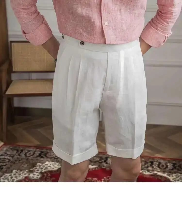 100% Linen Summer Straight Naples Shorts Men Solid Color Business Dress Pants Office Social Casual Slim Fit Shorts