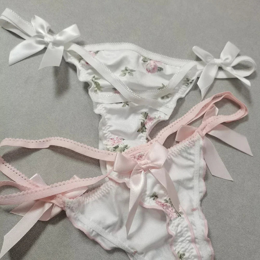 Ruffle Cute Sweet Girl Ladies Satin G-strings Thongs T-Panties Sexy Low Waist Women's Briefs Underwear Knickers