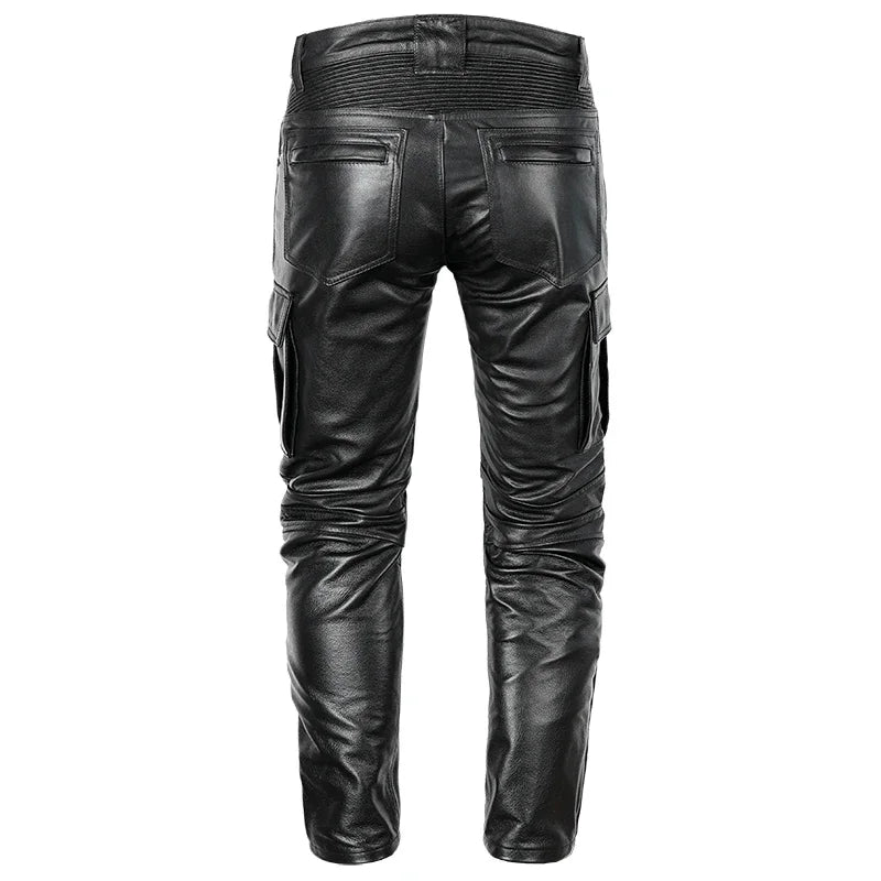 Men's Autumn Winter Punk Slim Casual Long Trousers Retro Leather Motorcycle Street Pants Windproof Warm Cowhide Pencil Pant Male