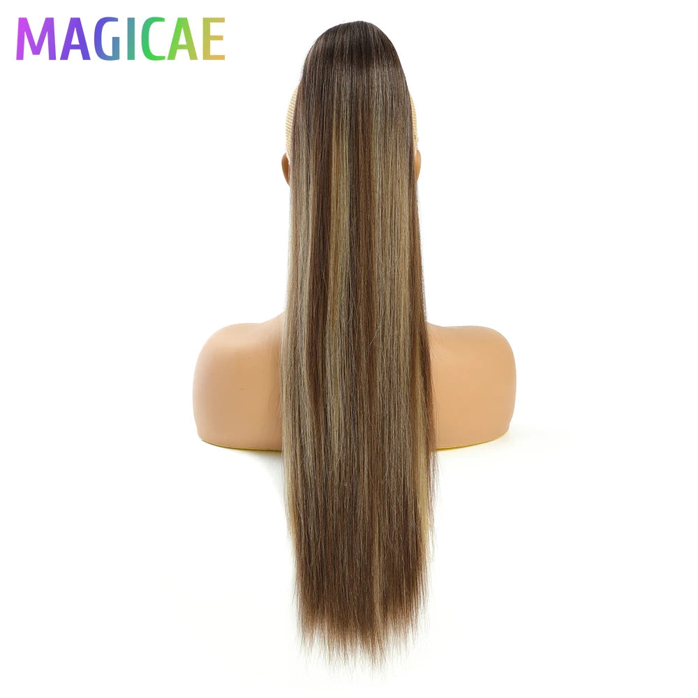 28Inch Straight Ponytail Blond Highlight 12/613 Ombre Brown Hair Extension With Clip 180Gram High Temperature Bio Synthetic Hair
