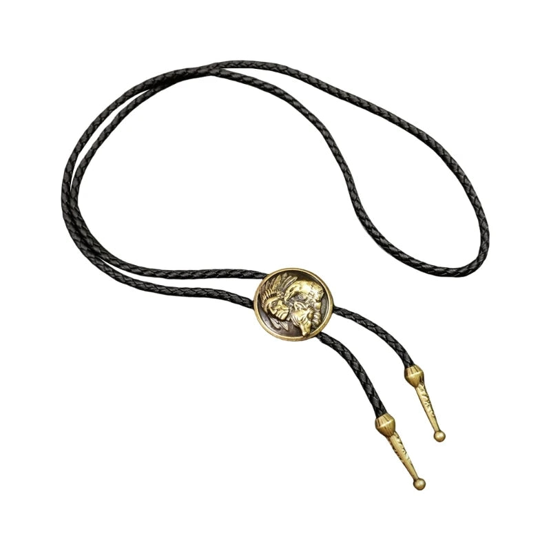 Unisex Metal Pendant Bolo Tie Western Leather Cord Adjustable Necktie Necklace