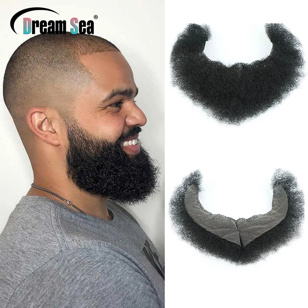 Afro Curly Face Beard Mustache Human Hair For Black Men Curly Realistic Black Bearded Makeup Lace Base Replace System